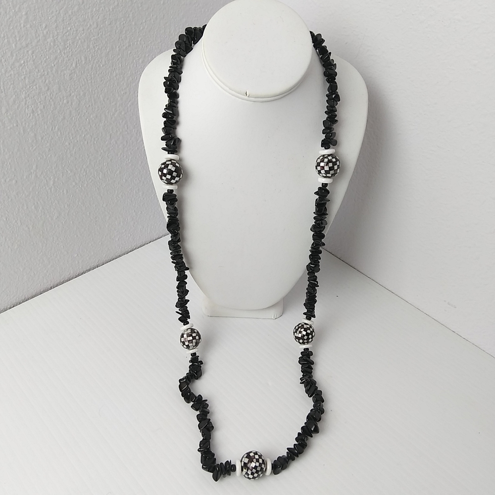 VNTG Necklace Checkered MOP Mother of Pearl & Onyx Spheres Black White HTF